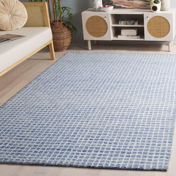 Abstract 6 ft. x 9 ft. Ivory/Blue Grid Geometric Area Rug