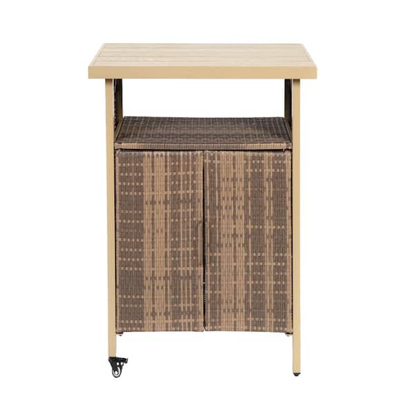 51.18 in. x 19.69 in. x 35.43 in. Beige Rectangle Wicker Outdoor Bar Cart with Steel Fame and Wheels