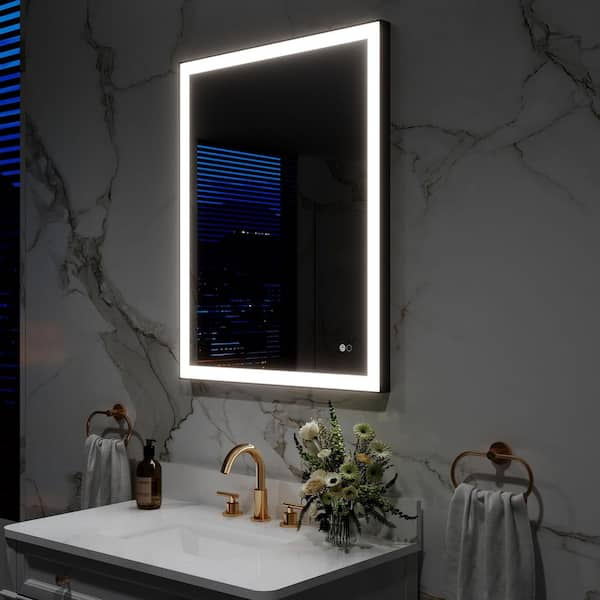 ANGELES HOME 28 in. W x 36 in. H Rectangular Aluminum Framed Wall Mount LED Light Bathroom Vanity Mirror in Black,Easy Installation