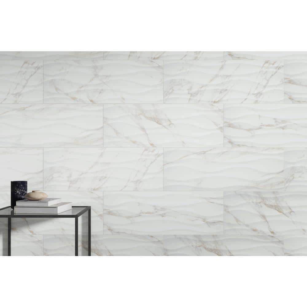 Sculpture 13" x 13" White Ceramic Marble Look Tile