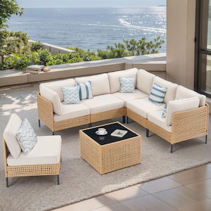 Nyajiah 7-Piece Yellow Wicker Outdoor Sectional Set with Beige Cushions