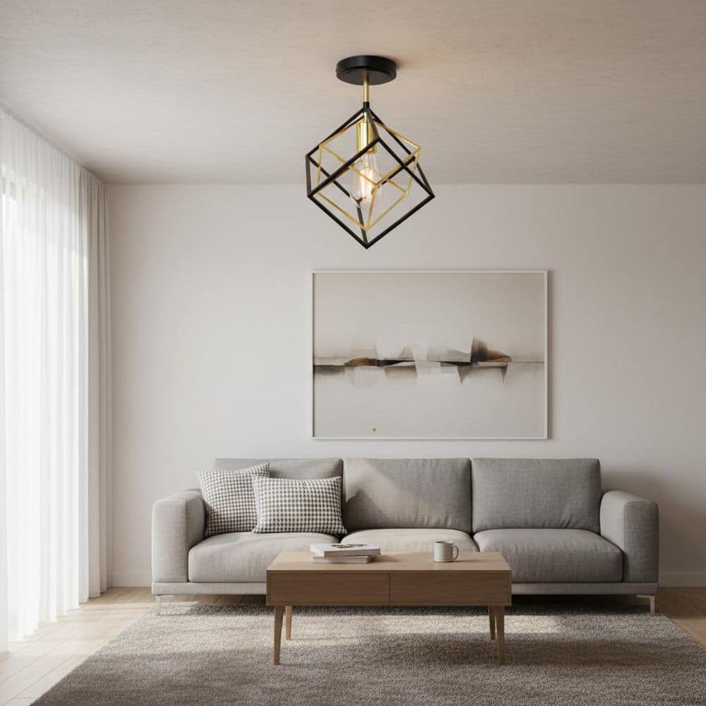 9 in. 1-Light Black Gold Modern Semi-Flush Mount Ceiling Light, Metal Frame Lighting for Hallway, Entryway, Living Room price history on PriceWatchPro