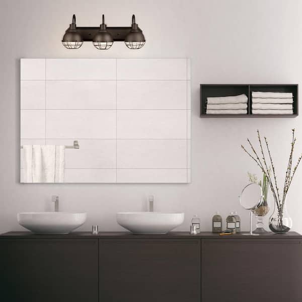 Eli 24.1 in. 3-Light Dark Bronze Vanity Light with Caged Shades and Vintage Bulbs for Bathroom
