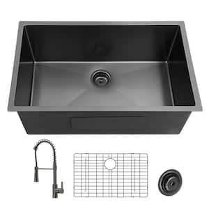 27 in. Undermount Single Bowl 18-Gauge Gunmetal Black Stainless Steel Kitchen Sink with Faucet