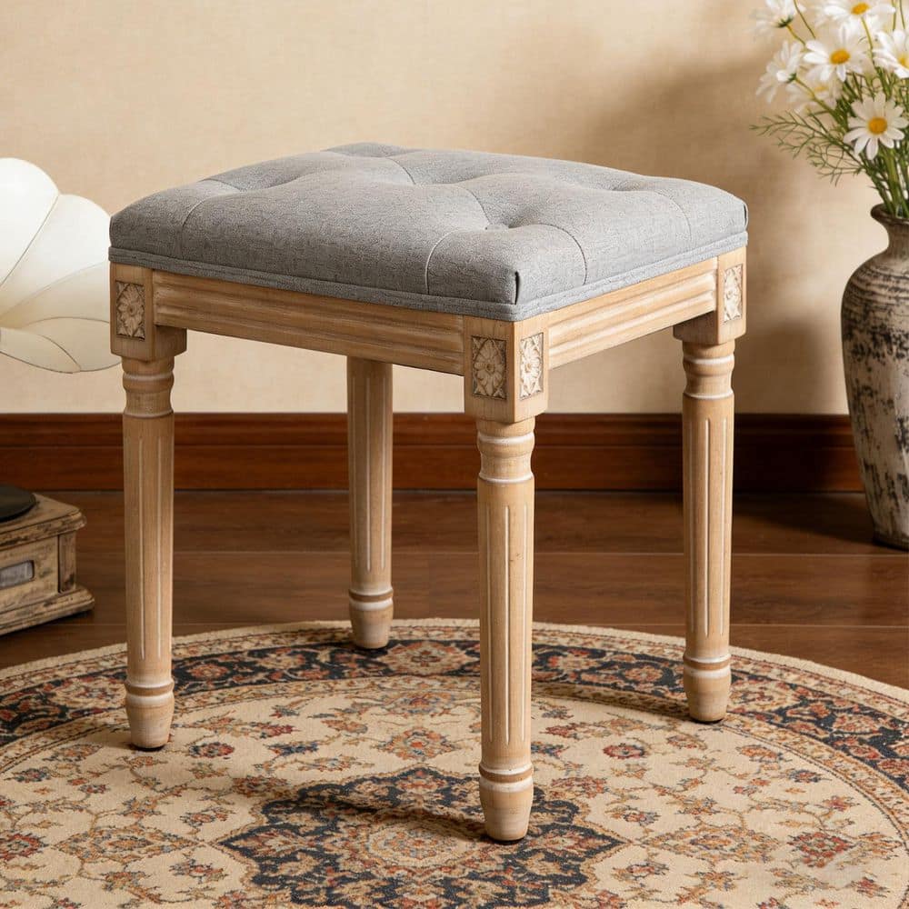 French 18.1 in. Tall Grey Tufted Linen Upholstered Bench Makeup Vanity Stool with Natural Finish Solid Wood Carved Legs price history on PriceWatchPro