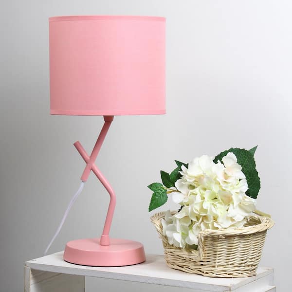 17.13 in. Abstract Metal Table Lamp, Pink Base w/Drum Shade for Dorm or Living Room