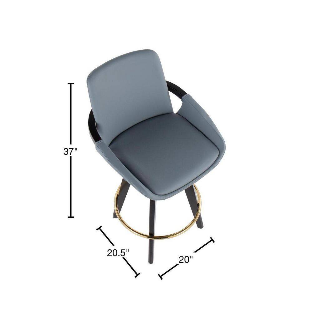 Set of 2 Black and Gray Faux Leather Swivel Barstools with Gold Footrest