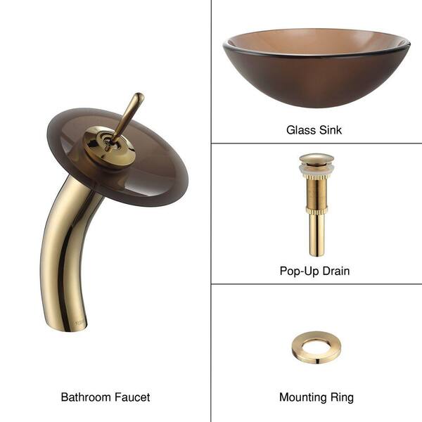 KRAUS Frosted Glass Vessel Sink in Brown with Single Hole Single-Handle Low-Arc Waterfall Faucet in Gold