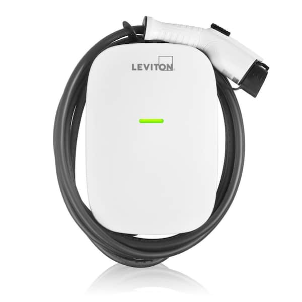 Leviton Level 2 Electric Vehicle Charging Station, 32 Amp, 208/240 VAC, 7.6 kW Output, 18 ft. Charging Cable, Hardwired in White