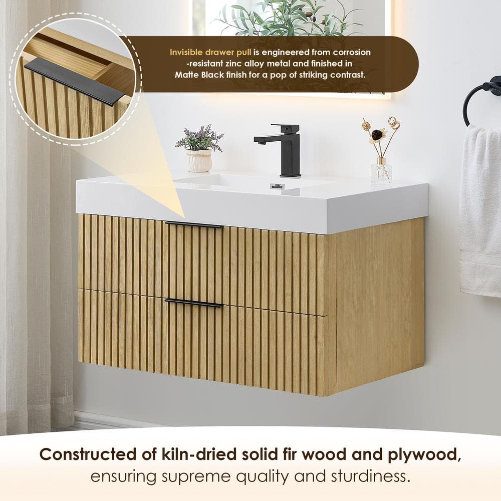 Livia 36" Nature Brown Fir Wood Wall-Mounted Vanity with White Sink