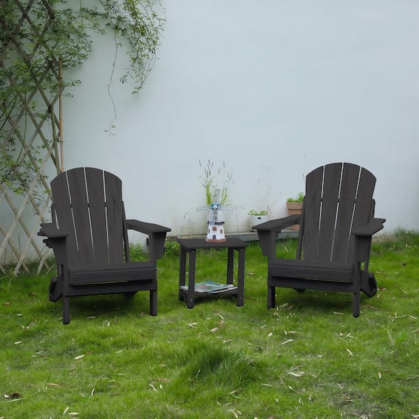 3-Piece HDPE Plastic Patio Outdoor Chat Sets Folding Adirondack Chair Set with Side Table in Gray