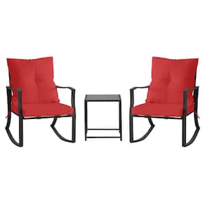 3- Piece Metal Rocking Outdoor Bistro Set with Red Cushions, Patio Steel Conversation with Glass Coffee Table