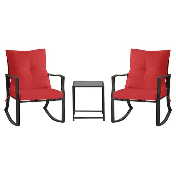 Cesicia 3- Piece Metal Rocking Outdoor Bistro Set with Red Cushions, Patio Steel Conversation with Glass Coffee Table