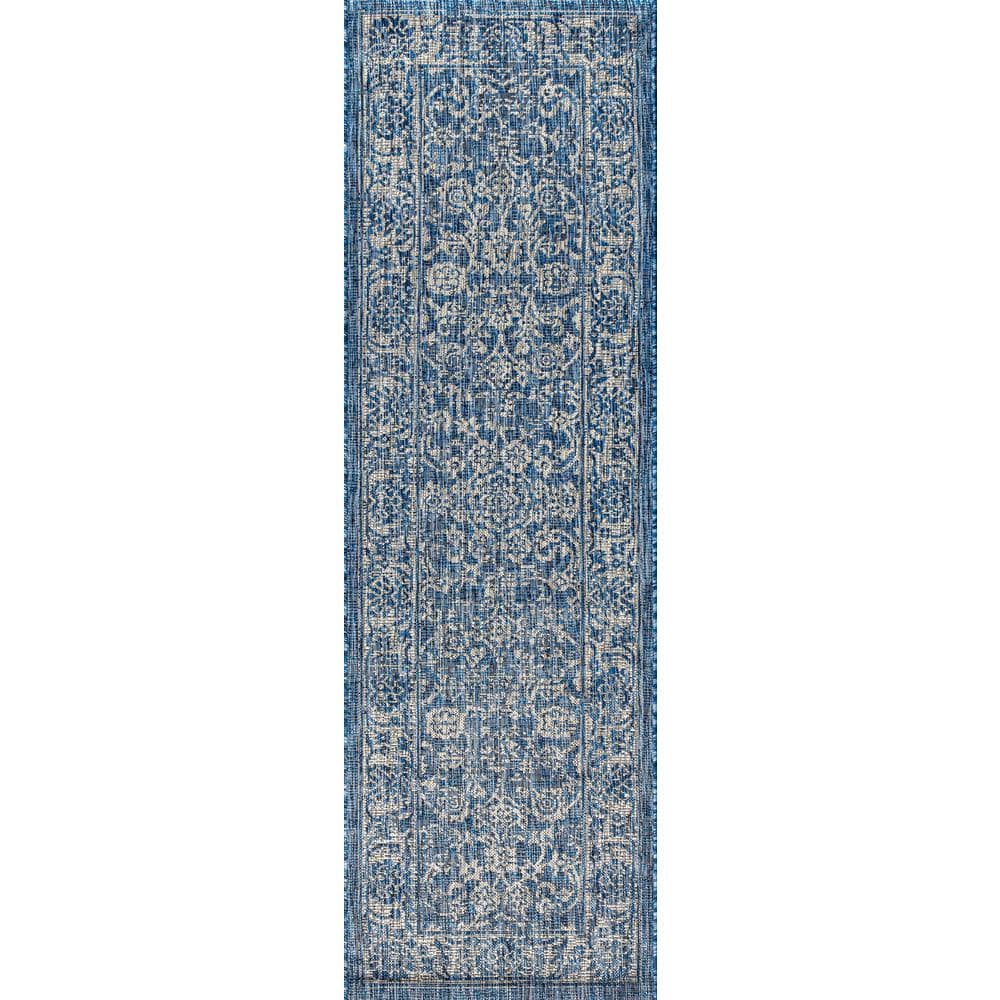 Navy and Gray Synthetic Flat Woven Runner Rug, 2'-2" x 8'