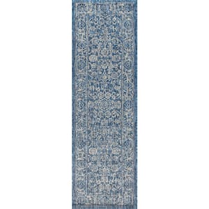 Tela Bohemian Textured Weave Floral Navy/Gray 2 ft. x 8 ft. Indoor/Outdoor Runner Rug