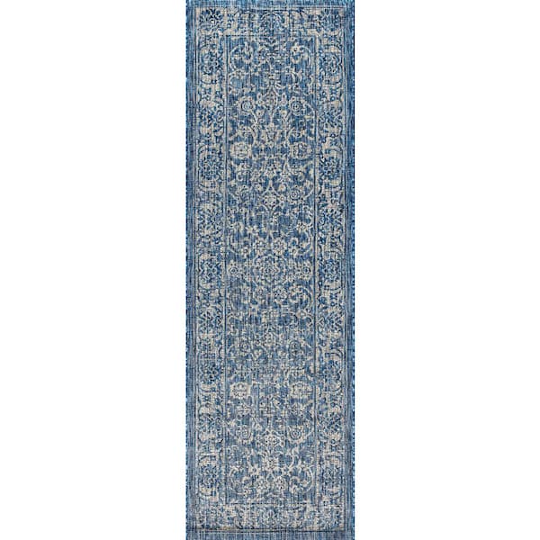Tela Bohemian Textured Weave Floral Navy/Gray 2 ft. x 8 ft. Indoor/Outdoor Runner Rug