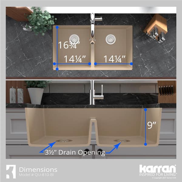 Karran QU-810 PK1 32 inch Undermount Double Bowl 50/50 Quartz Kitchen Sink Kit in White