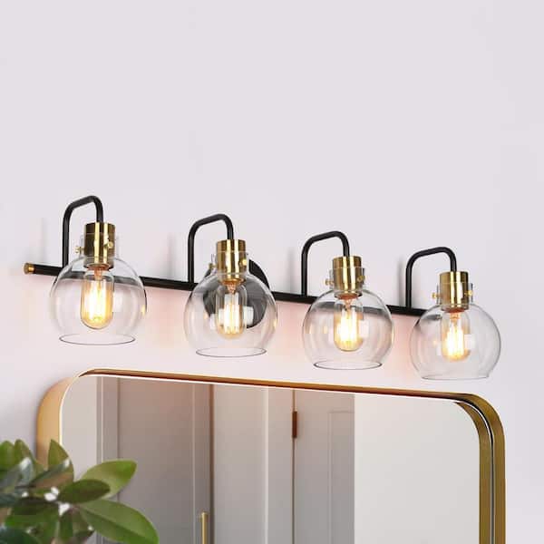 Zevni 32 in. 4-Light Black Bathroom Vanity Light, Modern Brass Gold Bath Lighting, DIY Globe Clear Glass Indoor Wall Sconce