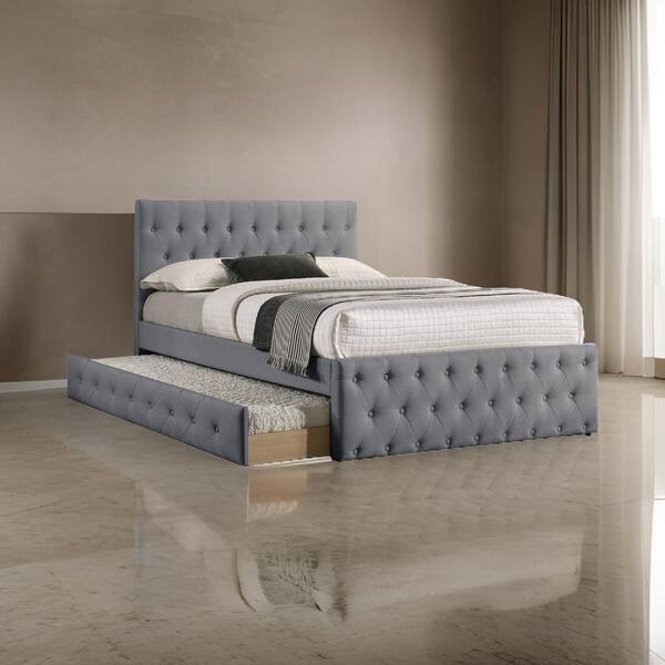 Benjara Nek Gray Wood Frame Twin Size Platform Bed with Trundle Tufted