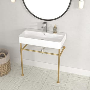35 in. Ceramic Console Sink White Single Basin with Gold Legs and Overflow