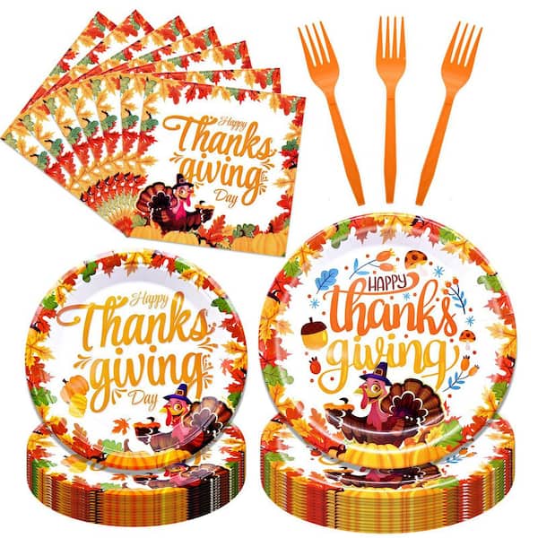 96-Piece Plastic Fall Harvest Pattern Disposable Dinnerware Set-Thanksgiving Tableware with Paper Plates Napkins Forks