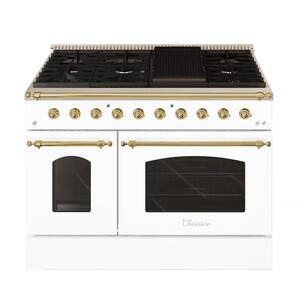 CLASSICO 48 in. TTL 6.7 Cu. ft. 8 Burner Freestanding Dual Fuel Range Gas Stove and Electric Oven, White with Brass Trim