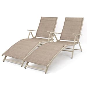 2-Piece Metal Folding Outdoor Chaise Lounge Chair Portable Reclining Lounger, Beige