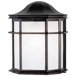 1-Light Textured Black on Cast Aluminum Exterior Wall Lantern Sconce with White Acrylic Lens