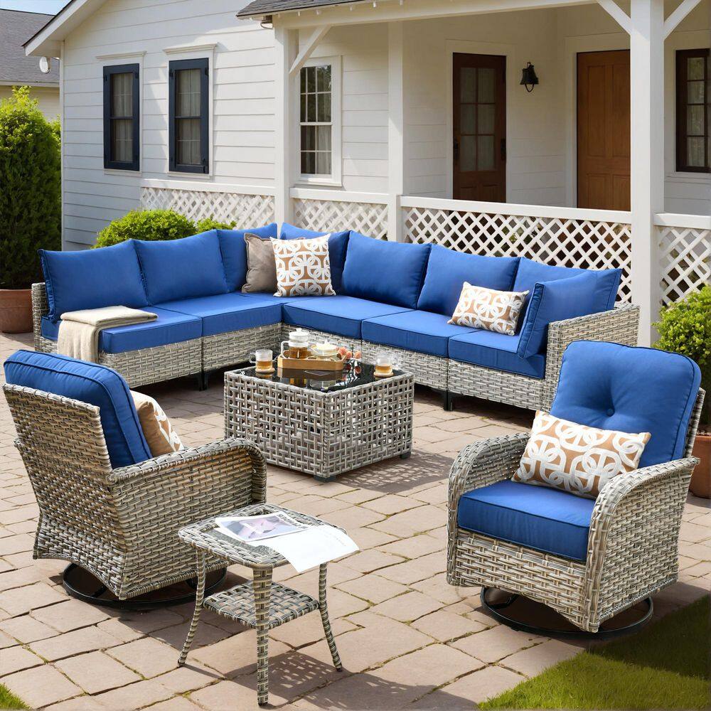 Melly Gray 10-Piece Wicker Patio Conversation Set with Navy Blue Cushions and Solar LED Coffee Table price history on PriceWatchPro