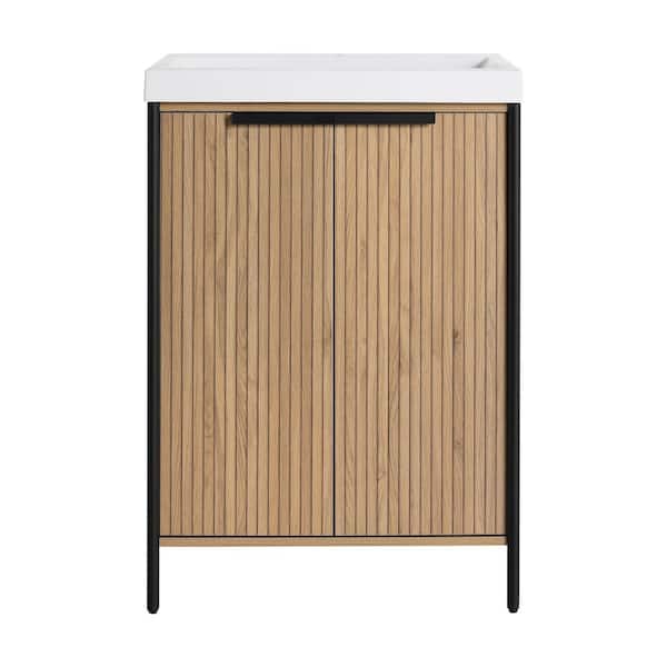 23.6 in. Single Sink Freestanding Light Coffee Bath Vanity with White Resin Top and 3-Door Storage Cabinet Unassembled