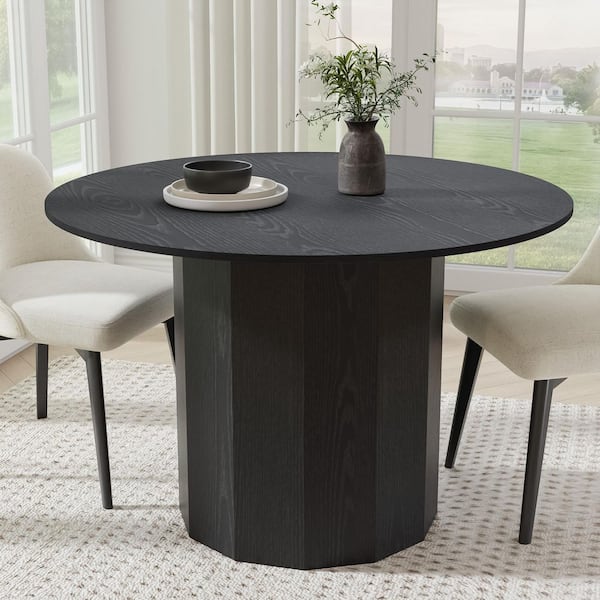 Lirago Round Black Wood 46 in. Column Base Dining Table Seats 4