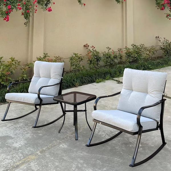 Staykiwi Black Metal Patio Outdoor Rocking Chair Set with Waterproof Off-White Cushions and Side Table (3-Piece)