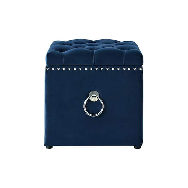 HomeRoots Navy Blue Velvet and Black Tuftedt Square Silver Ring Storage Ottoman