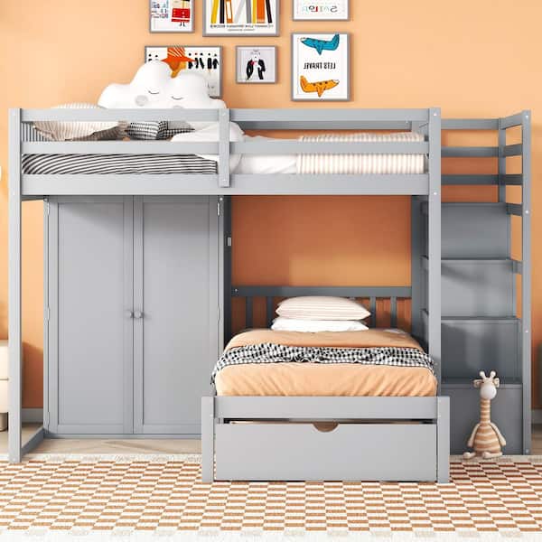 Gray Wood Frame Full over Twin Bunk Bed with Built-in Wardrobe, Multiple Drawers, Storage Staircase
