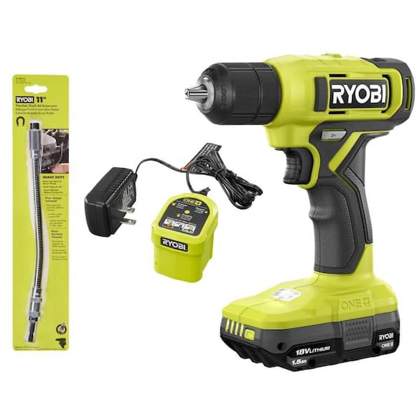 ONE+ 18V Cordless 3/8 in. Drill/Driver Kit with 1.5 Ah Battery, Charger, and 11 in. Flexible Shaft Bit Holder