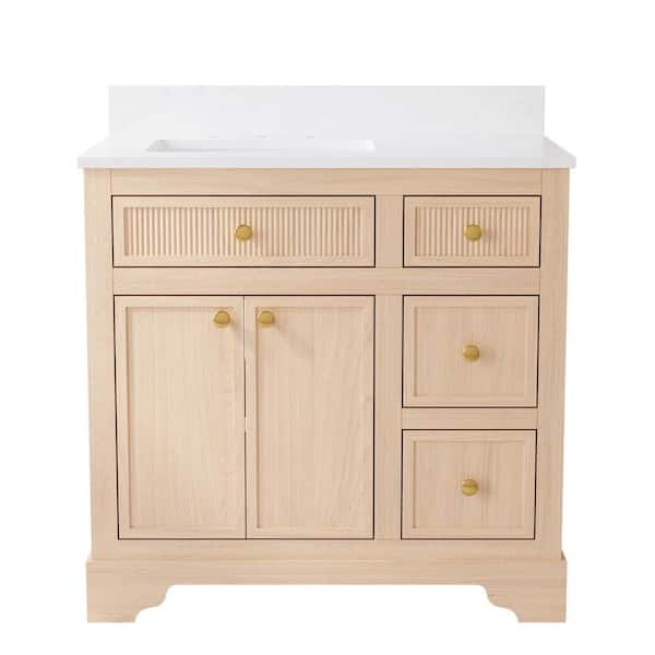 ANGELES HOME 36 in. W Assembled Solid Wood Bathroom Vanity in Light Wood with Flip Drawer, Gold Trim, White Quartz Top Single Sink