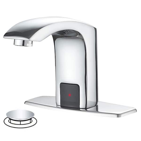 HOMEMYSTIQUE Automatic Sensor Touchless Single Hole Bathroom Sink Faucet with Deck Plate & Pop-Up Drain in Polished Chrome