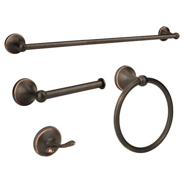 4-Piece Bathroom Hardware Set in Oil Rubbed Bronze with 24 n. Towel Bar, Toilet Paper Holder and Robe Hooks