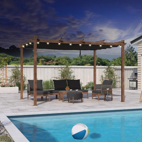 PURPLE LEAF 10 ft. x 13 ft. Natural Wood Grain Pergola with Gray Retractable Sun Shade Canopy Extra Roof and String Lights