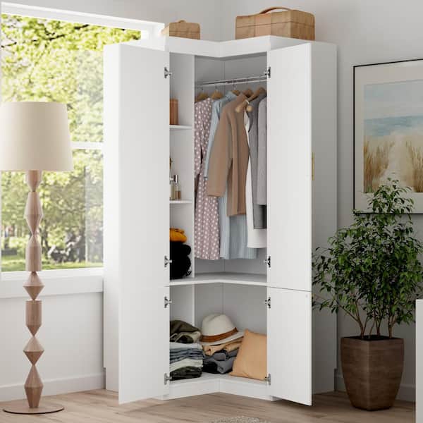 White Wood 35.4 in. W 4-Door Corner Wardrobe Armoires with Hanging Rod, Storage Shelves 74.2 in. H x 35.4 in. D