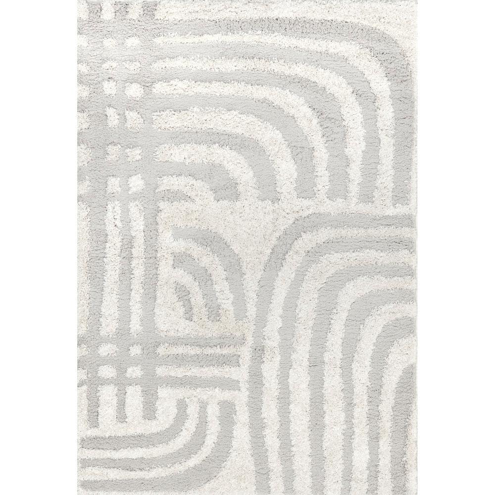 Modern Shag 4' x 6' Gray and White Synthetic Area Rug