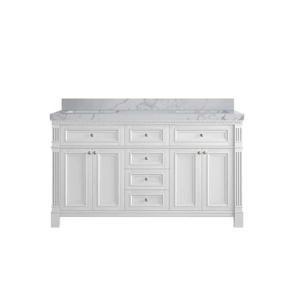 Willow Collections Paris 60 in. W x 22 in. D x 36 in. H Double Sink Bath Vanity in White with 2 in. Venatino qt. Top
