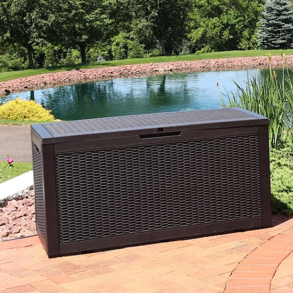 Sunnydaze Faux Rattan 100 Gal. Phantom Gray Deck Box with Sunnydaze Faux Rattan 100 Gal. Phantom Gray Deck Box with
