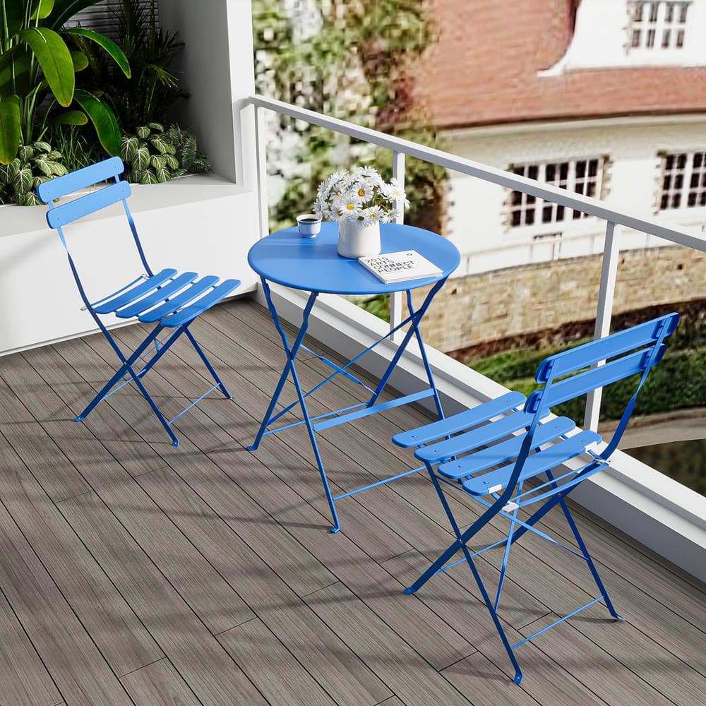 Blue 3-Piece Metal Outdoor Bistro Set, Folding Table and Chairs Patio Seati