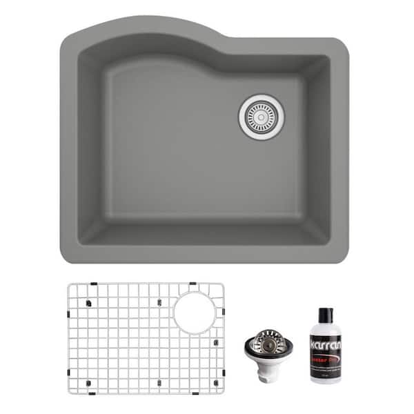Karran QU-671 Quartz/Granite 24 in. Single Bowl Undermount Kitchen Sink in Grey with Bottom Grid and Strainer