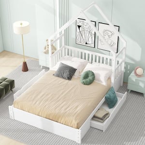 White Wood Frame Queen Size House Platform Bed with Roof, Bedhead Guardrail, and 2-Spacious Drawers
