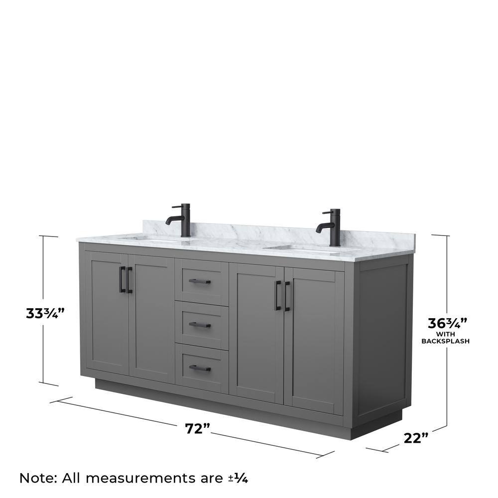 Miranda 72'' Dark Gray Double Bathroom Vanity with White Carrara Marble Top and Matte Black Hardware