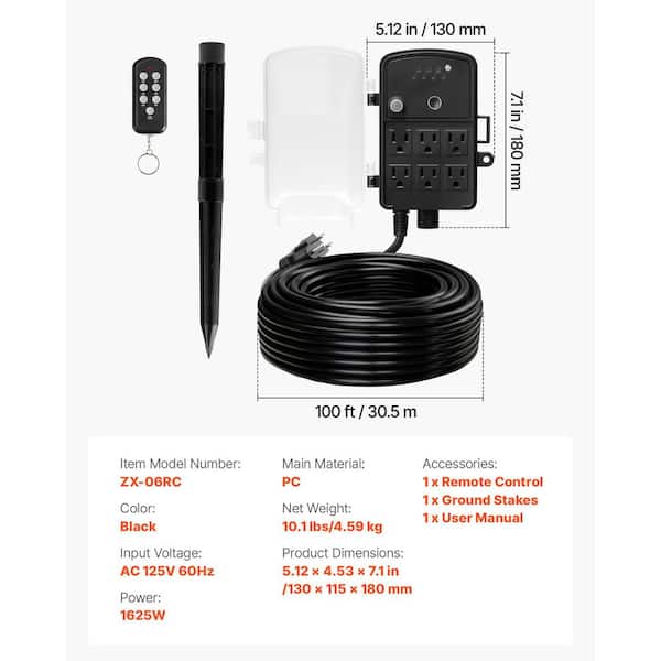 VEVOR Outdoor Power Stake, 100 ft. Cord, Weatherproof Power Strip
