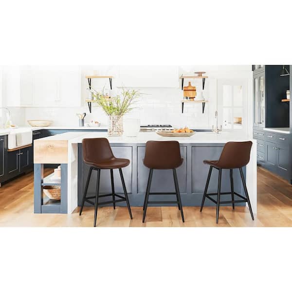 Abraham 24 in. Dark Brown Metal Counter Height Bar Stool Faux Leather Bucket Bar stool w/ Back Counter Stool (Set of 3)