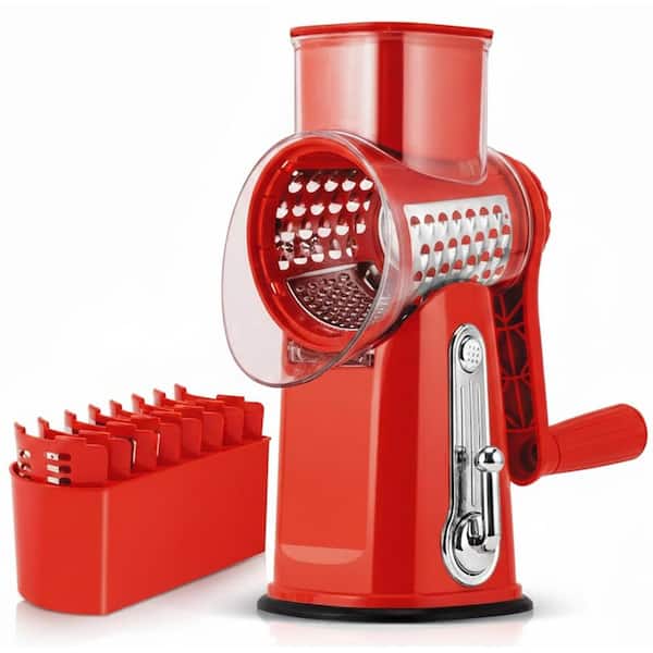 Red Rotary Cheese Grater with Handle and 5 Stainless Steel Blades, Strong Suction Mandoline Slicer